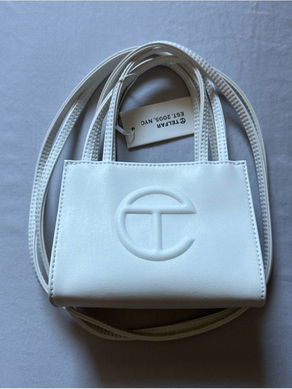 Telfar White Mini Tote Bag with Embossed Logo